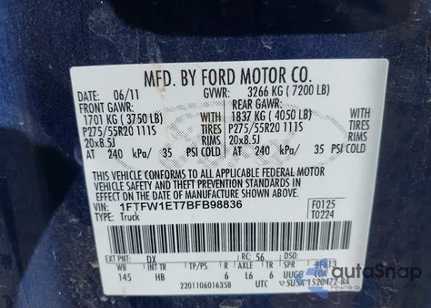 2011 Ford F-150 Lariat z USA, uszkodzony, nr VIN 1FTFW1ET7BFB98836